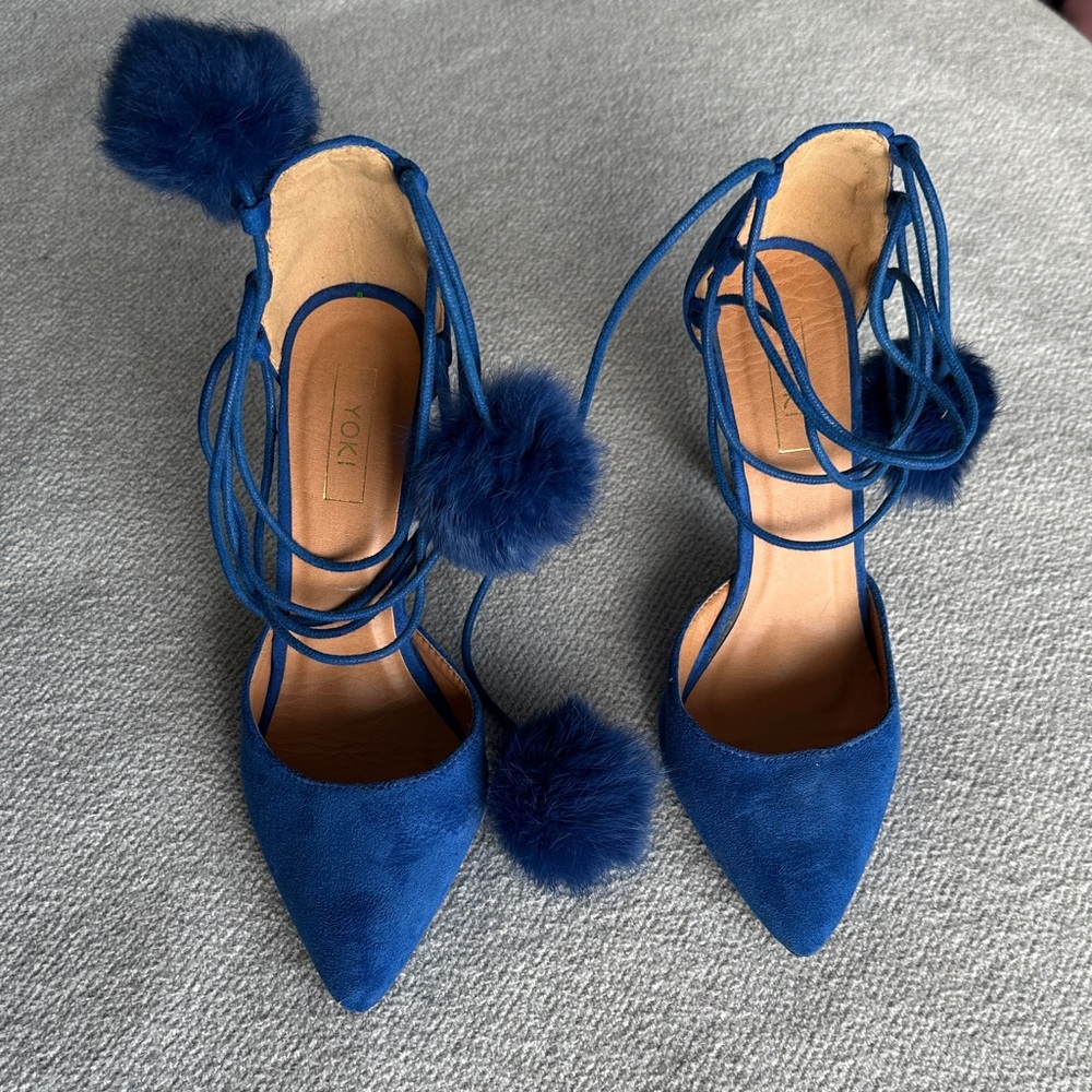 Yoki Blue Wrap-up Heels with Pom-Poms